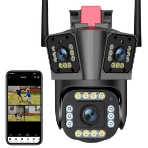 Cameră supraveghere 8K Ultra HD 15MP PB Performance – 3 lentile panoramice, PTZ inteligent, Wi-Fi, audio și alarmă IP66