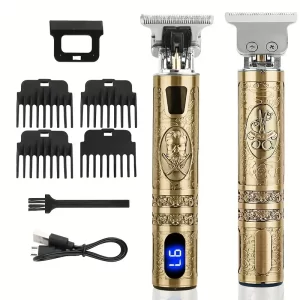 YAIAWISU – Set Mașină de Tuns Păr și Trimmer pentru Barbă, fără fir, pentru bărbați – Auriu, reîncărcare USB cu afișaj LCD, lamă în formă de T pentru tăiere precisă, include piepteni ghid și accesorii, baterie de 600mAh, mașină de tuns reîncărcabilă.
