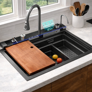 Chiuvetă Bucătărie Premium 75x45cm – Inox, Afișaj Digital, Robinet Cascadă & Accesorii Multifuncționale