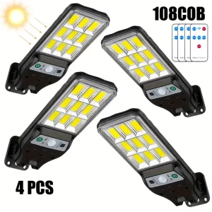 4/2 bucăți Lămpi stradale solare | 108 reflectoare COB | Generare de energie solară | Fără cost la electricitate | IP65 | cu senzor de mișcare | 3 moduri | Include telecomandă și kit de instalare | Pentru ușa de la intrare | foișor | coridor | gard | grădină | potrivite pentru camping vara și toamna | grătare | activități în aer liber.