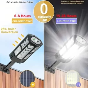 Lampă solară de perete LED 6500K ultra-strălucitoare, cu senzor de mișcare și telecomandă – 3 moduri de iluminare, protecție IP65, unghi reglabil 60°, baterie integrată – ideală pentru iluminatul de exterior în grădină, curte, stradă sau pentru securitate. Design modern, realizată din plastic rezistent și durabil.