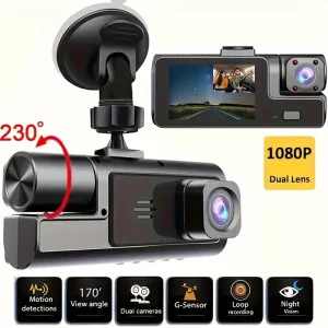 Cameră auto dublă (față și interior), înregistrare HD 1080P, DVR auto cu unghi larg de 170°, viziune pe timp de noapte, cameră auto compactă, monitorizare parcare 24h, înregistrare în buclă, senzor G, fără card SD.