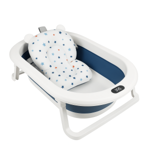 Cadita pliabila pentru bebelusi cu pernuta moale, termometru digital și picioare anti-alunecare – model albastru ergonomic