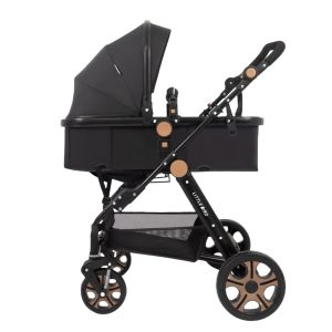 Carucior 2 in 1 Litle Bird cu suspensii duble, pliabil rapid, design premium – negru elegant