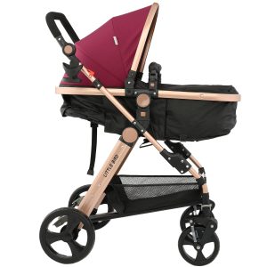 Carucior 2 in 1 Litle Bird cu suspensii duble – Red Wine, design elegant și pliabil rapid