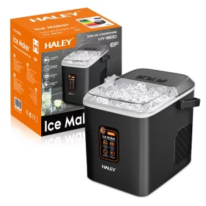 Mașină de Gheață Haley -6100EF– 12 kg/24h, Compactă, 112W, Curățare Automată, Avertizare pentru Apă Joasă și Gheață Plină, Design Modern Inox