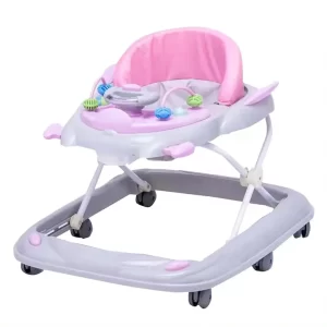 Premergator Little Bird pentru bebelusi – 6 roți pivotante, scaun reglabil și tăviță muzicală, culoare roz pastel