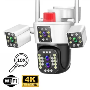 Cameră de supraveghere Wi-Fi 6K UltraHD cu 4 lentile, zoom optic 10X, vizualizare 360°, detecție mișcare, audio bidirecțional și control prin aplicație