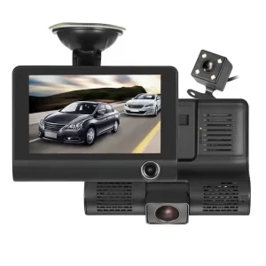 Cameră auto DVR Full HD cu 3 obiective – filmare față, spate și interior, viziune nocturnă și ecran de 4 inch