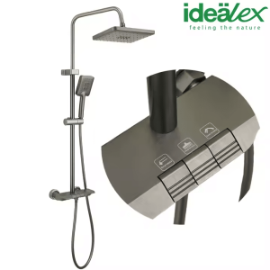 Coloană de duș termostatică Idealex C-7 – finisaj gri închis mat, 3 butoane de control, baterie termostatică integrată, duș fix și para mobilă, design modern premium