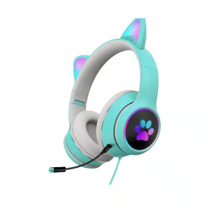 Cască gaming JRH Cat Ears – albastră cu urechi de pisică detașabile, sunet stereo 3D, microfon reglabil, iluminare LED RGB, compatibilă PC, PS4, Xbox și telefon