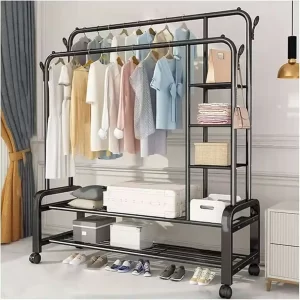 Cuier haine metalic cu suport pantofi – 5 rafturi XXL, 135 × 50 × 162 cm – organizator stabil pentru hol, dormitor, dressing