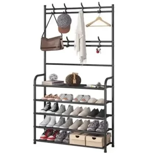 Cuier metalic pentru haine cu suport pantofi – 5 rafturi, structură stabilă, 80 × 29.5 × 172 cm – organizator hol, dormitor, dressing