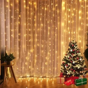 Instalație perdea luminoasă 3x3 m cu 300 LED-uri alb cald – 8 funcții, interconectabilă, pentru interior și exterior