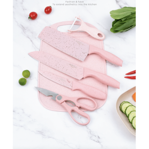 Set cuțite bucătărie 6 piese – Chef, pâine, satâr, decojit, foarfecă și suport – oțel 3Cr13, strat antiaderent, design roz premium