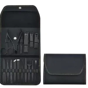 Trusă manichiură profesională 16 piese din oțel inoxidabil Black– set complet pentru manichiură & pedichiură, husă elegantă mov, instrumente premium