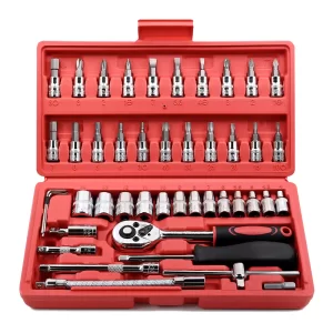 Trusă Chei Tubulare 1/4″ – Set Profesional 46 Piese cu Clichet, Biți Torx și Imbus, Șurubelniță, Prelungitor și Adaptor
