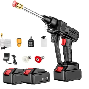 Pistol de Spălat cu Presiune Portabil pe Acumulator – Kit Curățare Auto Fără Fir, 60 Bar, Furtun 5m, Recipient Spumă și Accesorii Complete