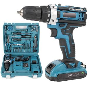 Mașină de Găurit și Înșurubat cu Percuție Engross 36V – Bormașină Autofiletantă 500W cu 2 Acumulatori 8.0Ah, 34 Accesorii, Stație de Încărcare și Valiză Transport